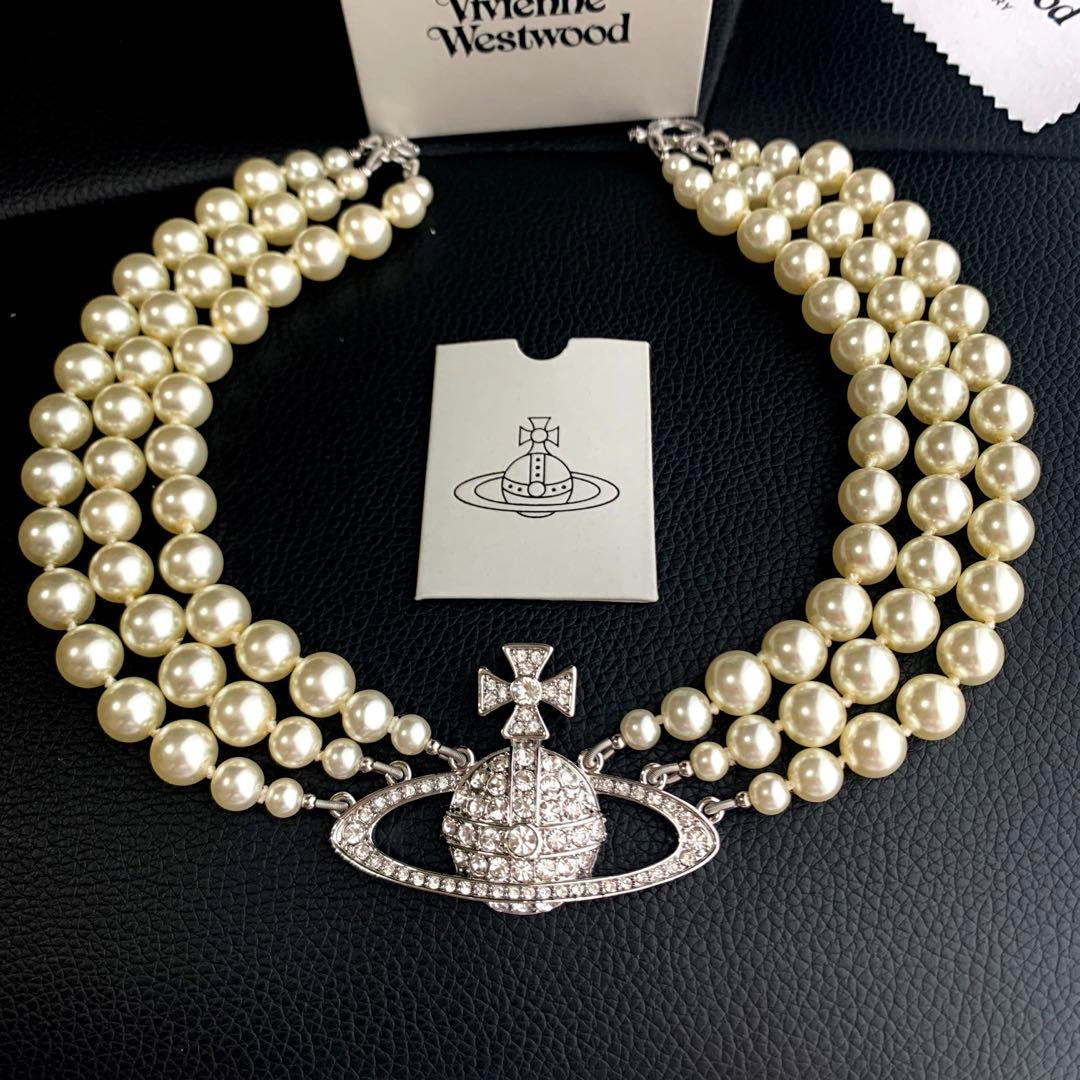 Vivienne Westwood Triple Layered Pearl Choker Necklace Silver