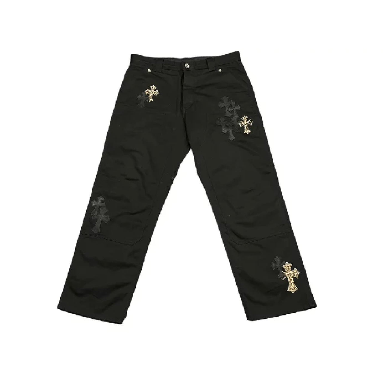 Chrome Hearts Carpenter Double Knee Cross Patch Leopard Print Denim