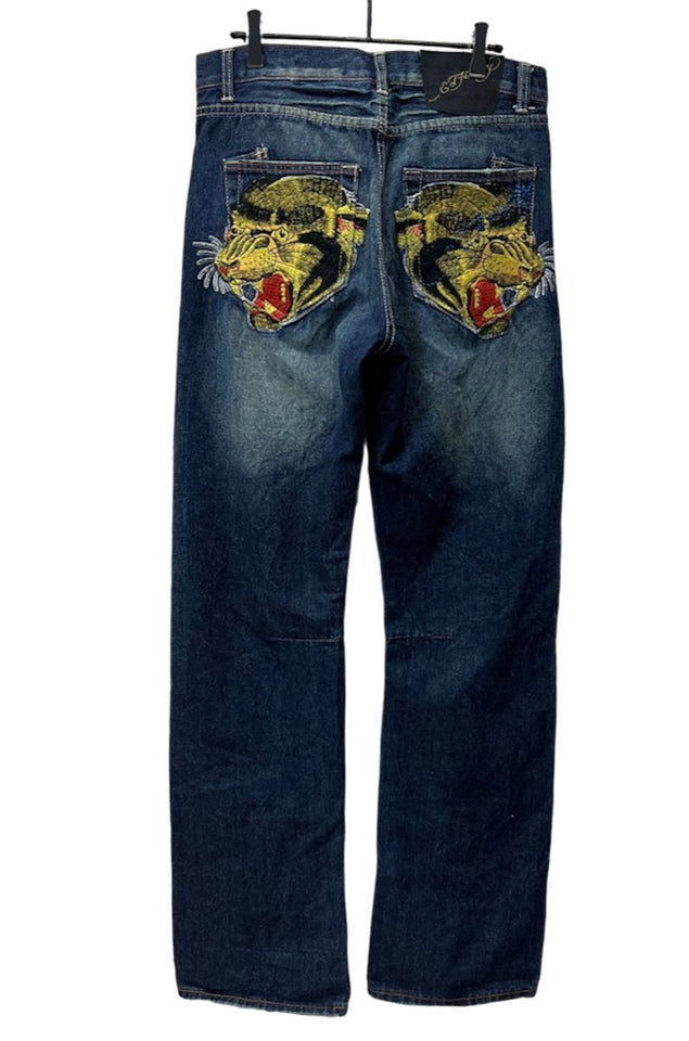 Ed Hardy stacked embroided tiger jeans 2024