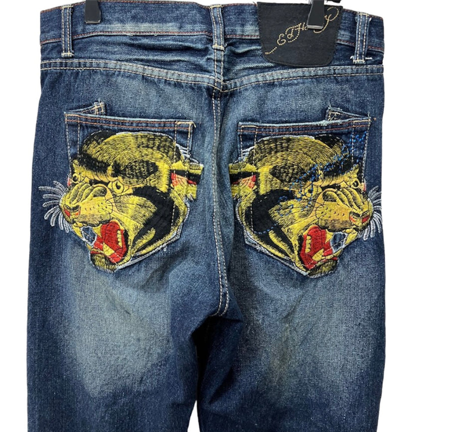 Ed Hardy stacked embroided tiger jeans 2024