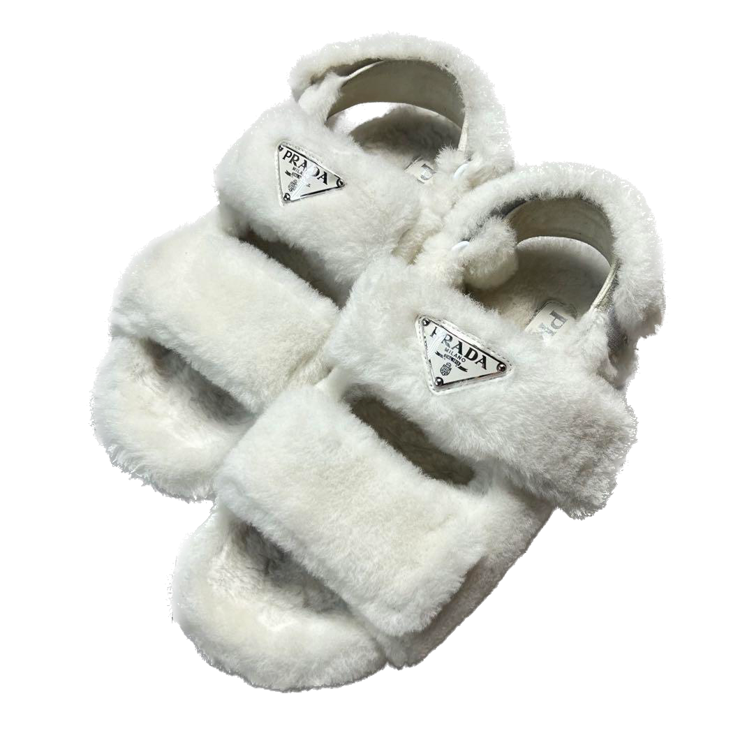 Prada Shearling Logo Plaque Fur Sandals