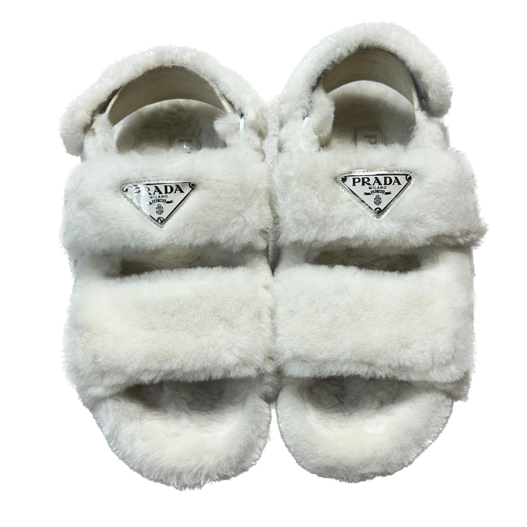 Prada Shearling Logo Plaque Fur Sandals