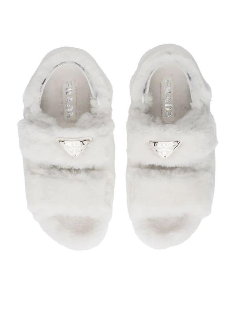 Prada Shearling Logo Plaque Fur Sandals