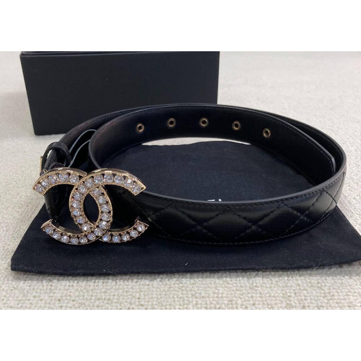 CHANEL CC gold rhinestone logo leather belt 75