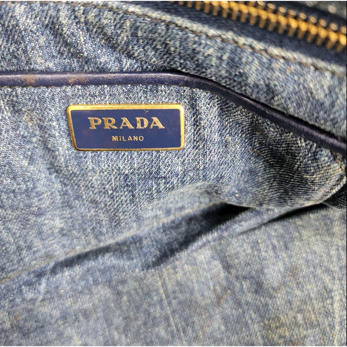 PRADA Triangular plaque Logo Canapa Denim Tote Bag