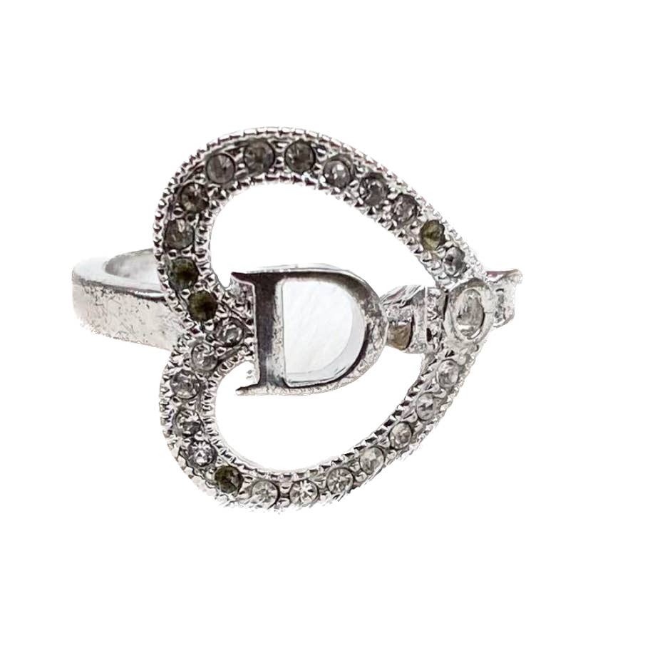 Christian Dior D heart Logo Silver Rhinestone Ring