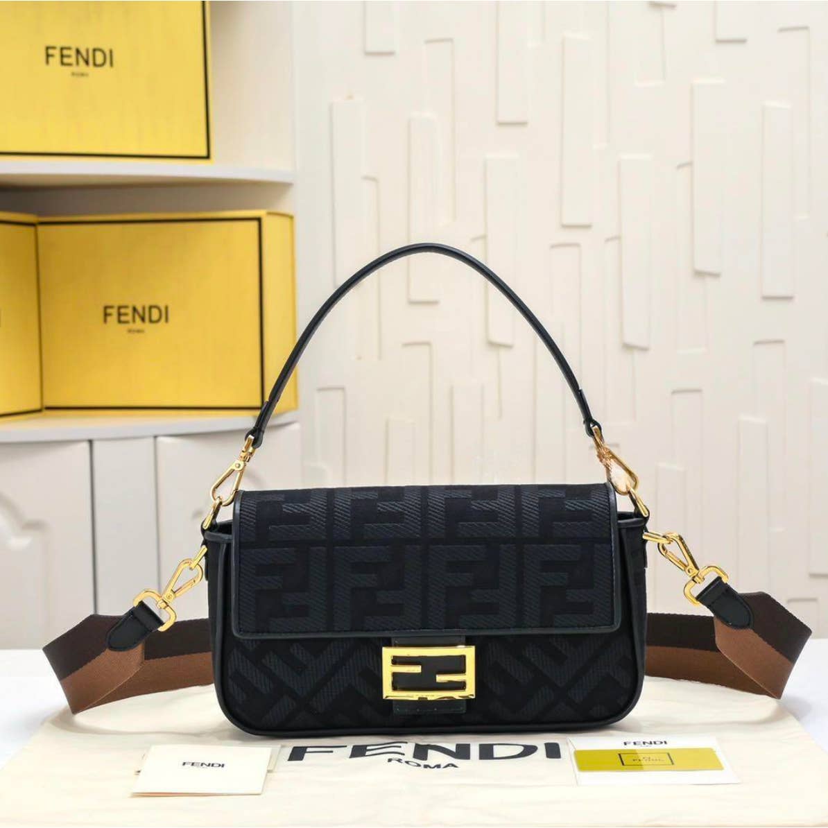 Fendi Baguette Handbag Black Zucca Pattern