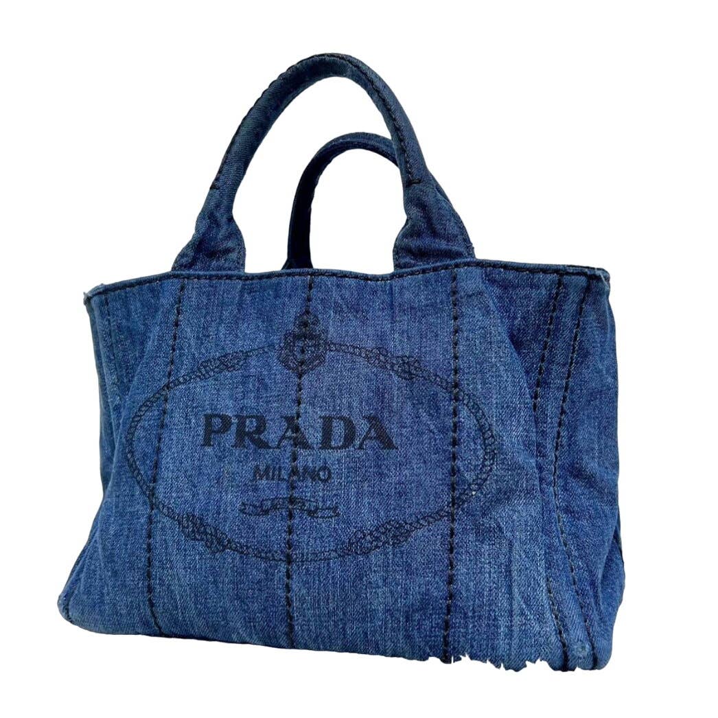 PRADA Dark Blue Triangle plaque Logo Canapa Denim Tote Bag