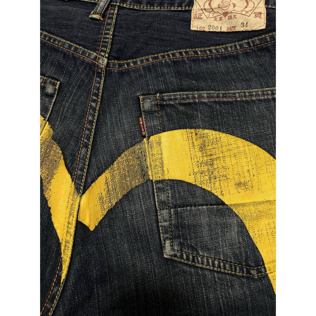 Evisu Yellow Paint Daikock  Indigo  Denim Shorts LOT 2001