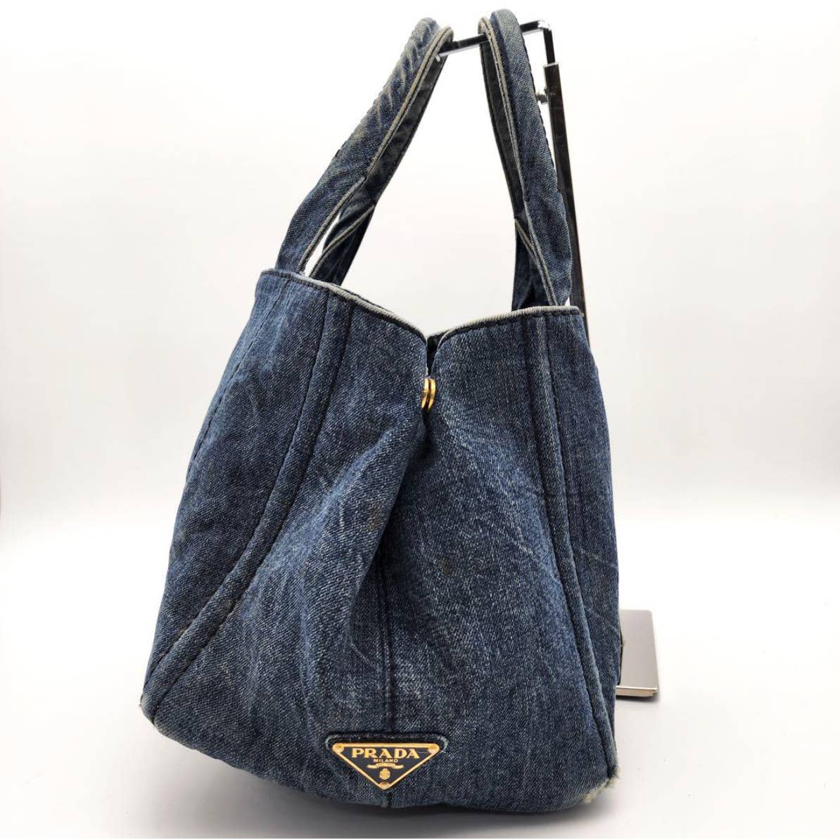 PRADA Triangular plaque Logo Canapa Denim Tote Bag