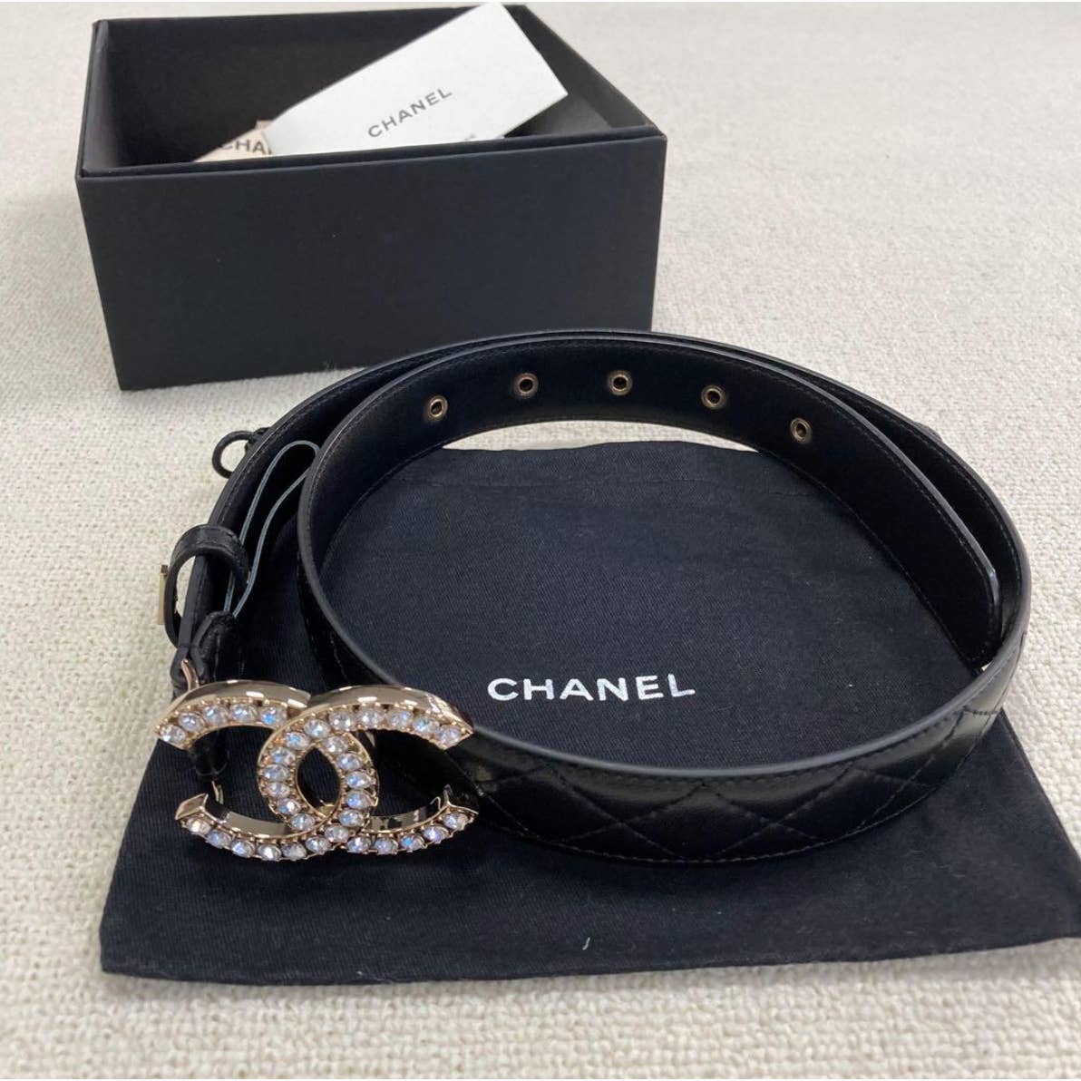 CHANEL CC gold rhinestone logo leather belt 75