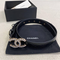 Thumbnail for CHANEL CC gold rhinestone logo leather belt 75