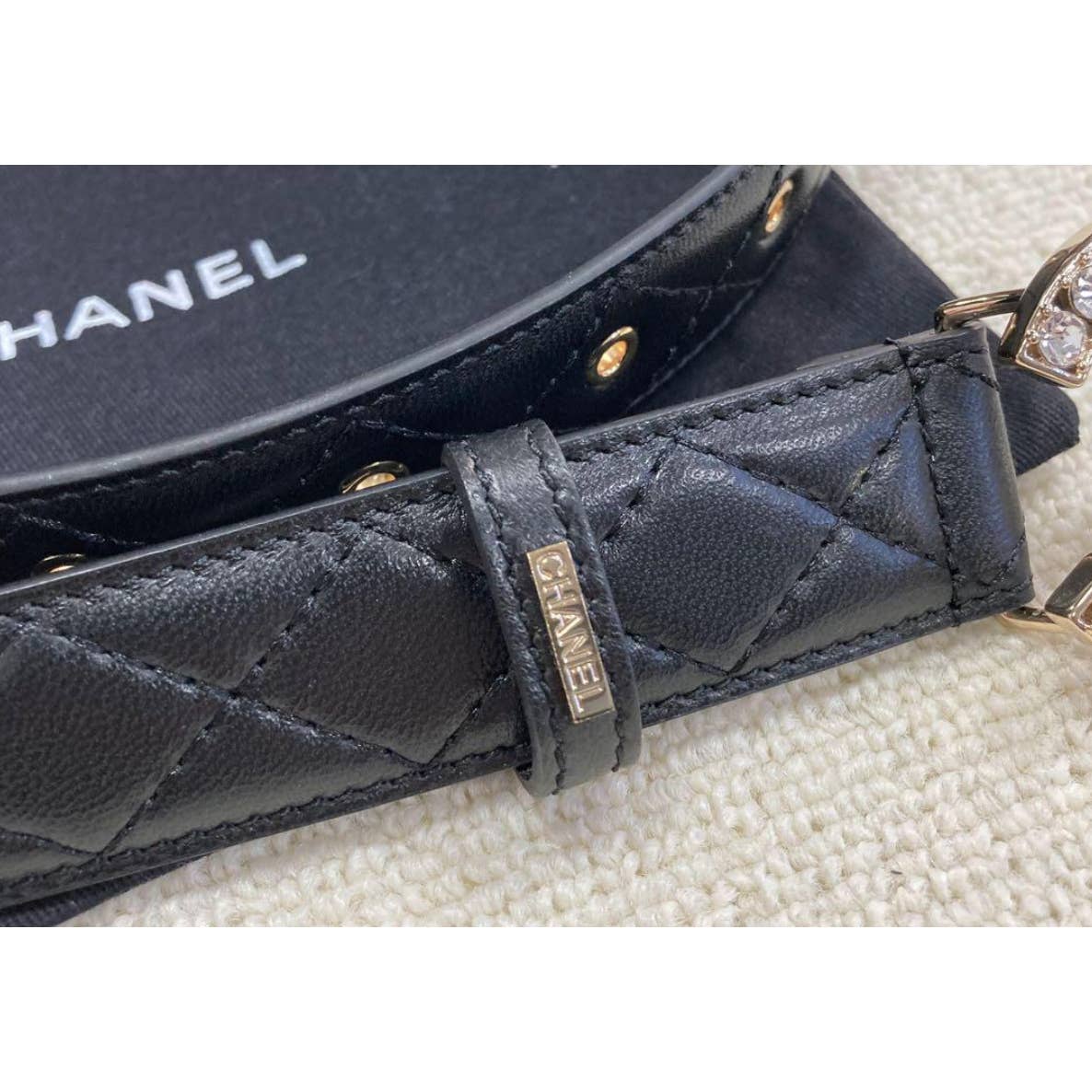 CHANEL CC gold rhinestone logo leather belt 75