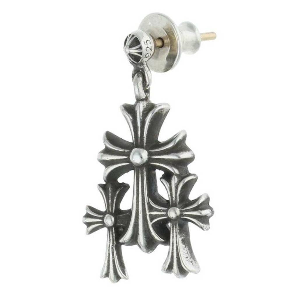 Chrome Hearts Triple CH Cross Silver Earrings