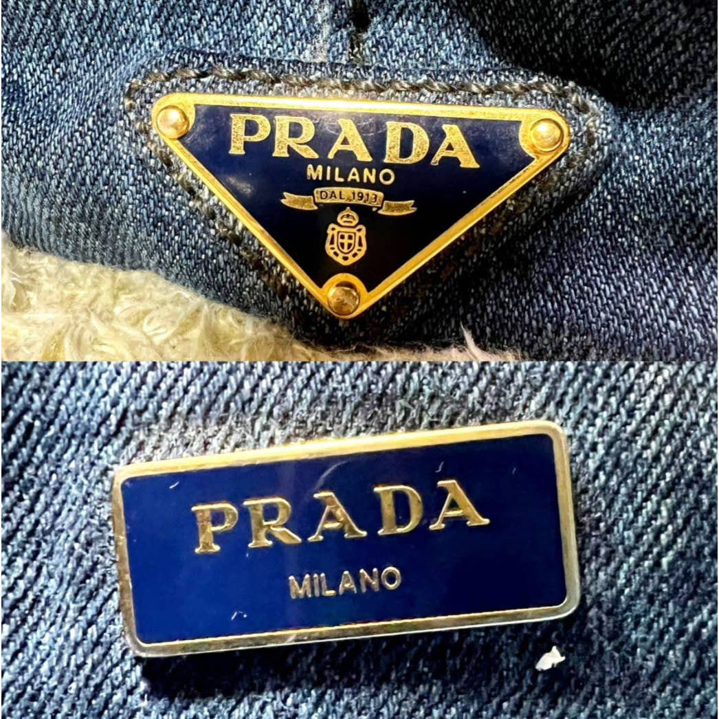 PRADA Dark Blue Triangle plaque Logo Canapa Denim Tote Bag