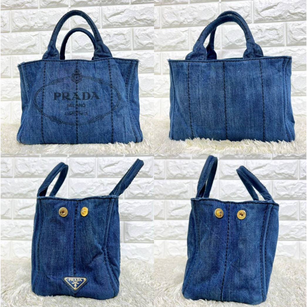 PRADA Dark Blue Triangle plaque Logo Canapa Denim Tote Bag