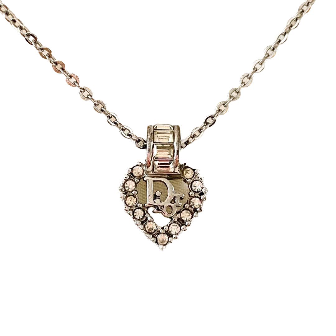 Christian Dior Heart Rhinestone Dior Logo Necklace