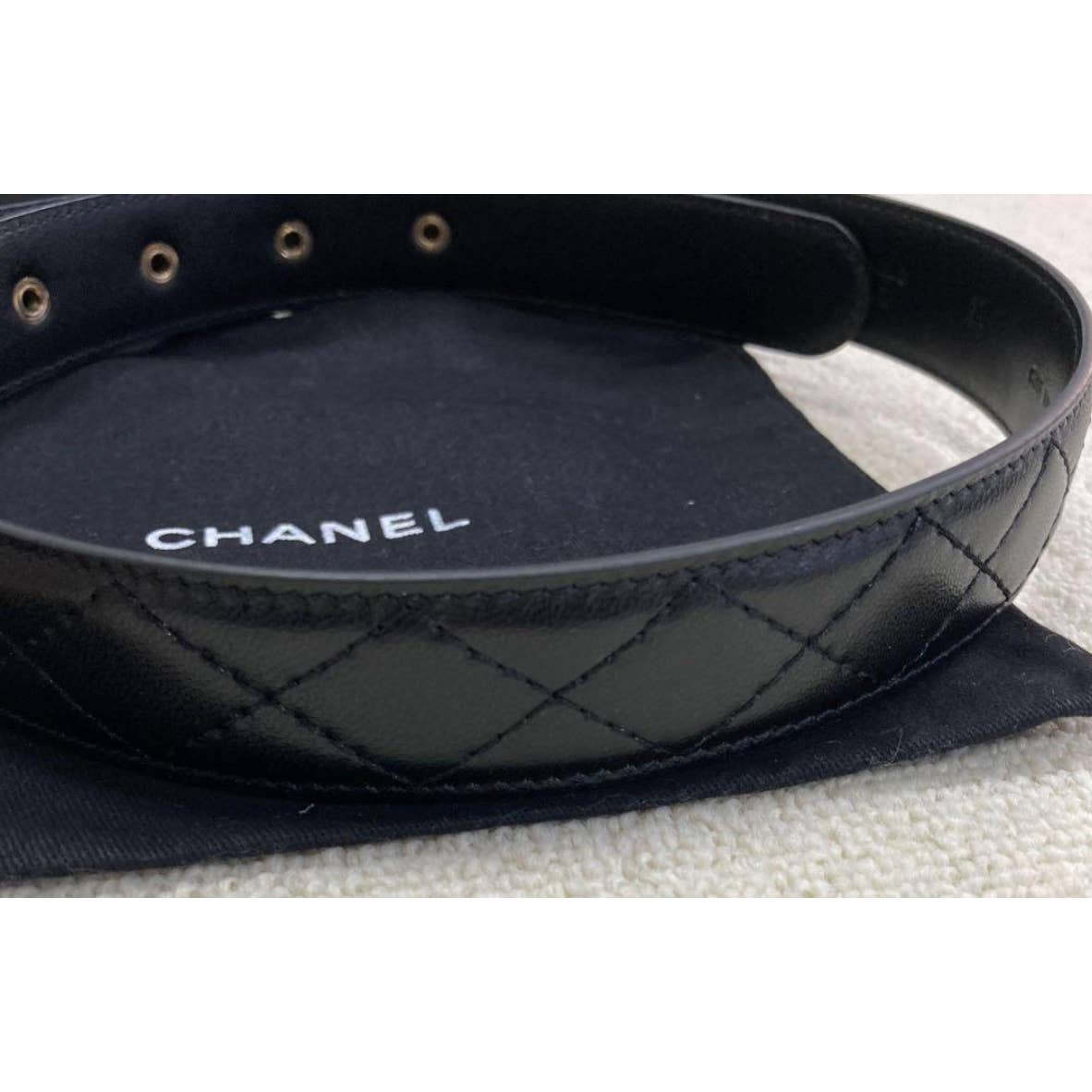 CHANEL CC gold rhinestone logo leather belt 75