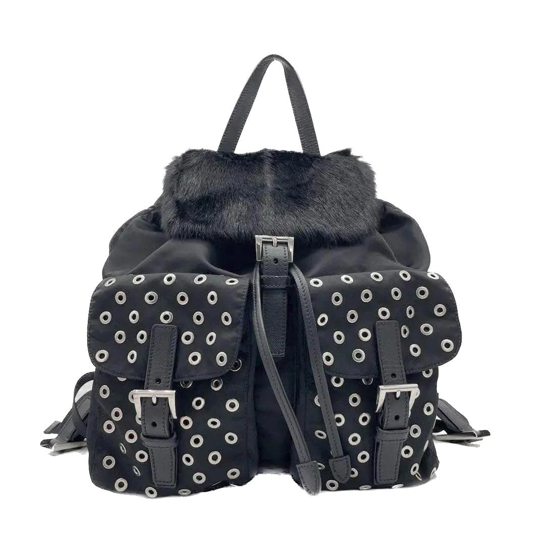 Archive Prada Metal Fitted Goat Fur Nylon Backpack